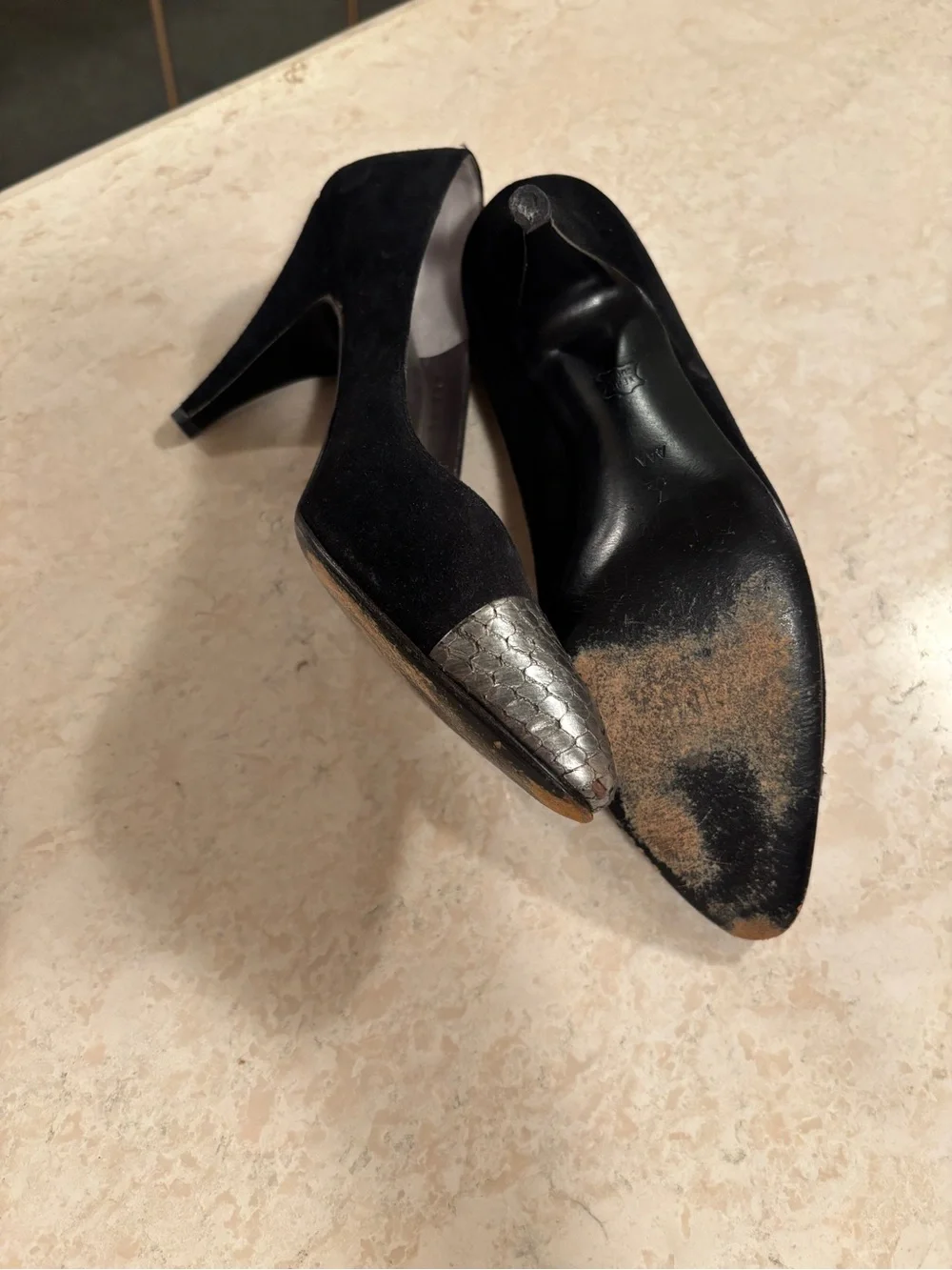 Bruno Magli Black Suede Pumps with Silver Snakeskin Pointed Toe
